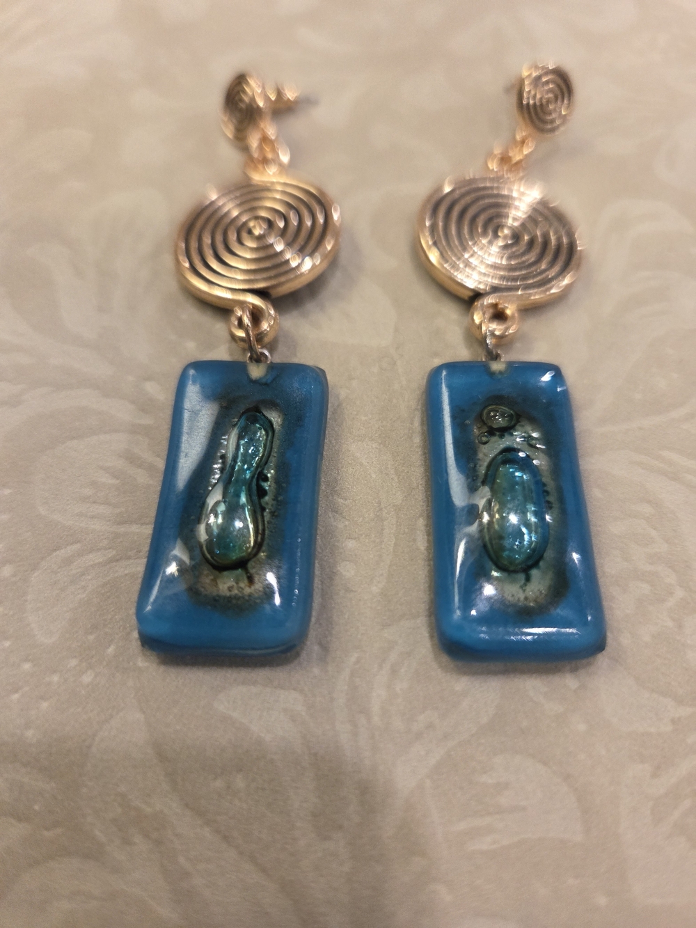 Gold Spiral Dangle Earrings with Blue Dicroic Glass Drops